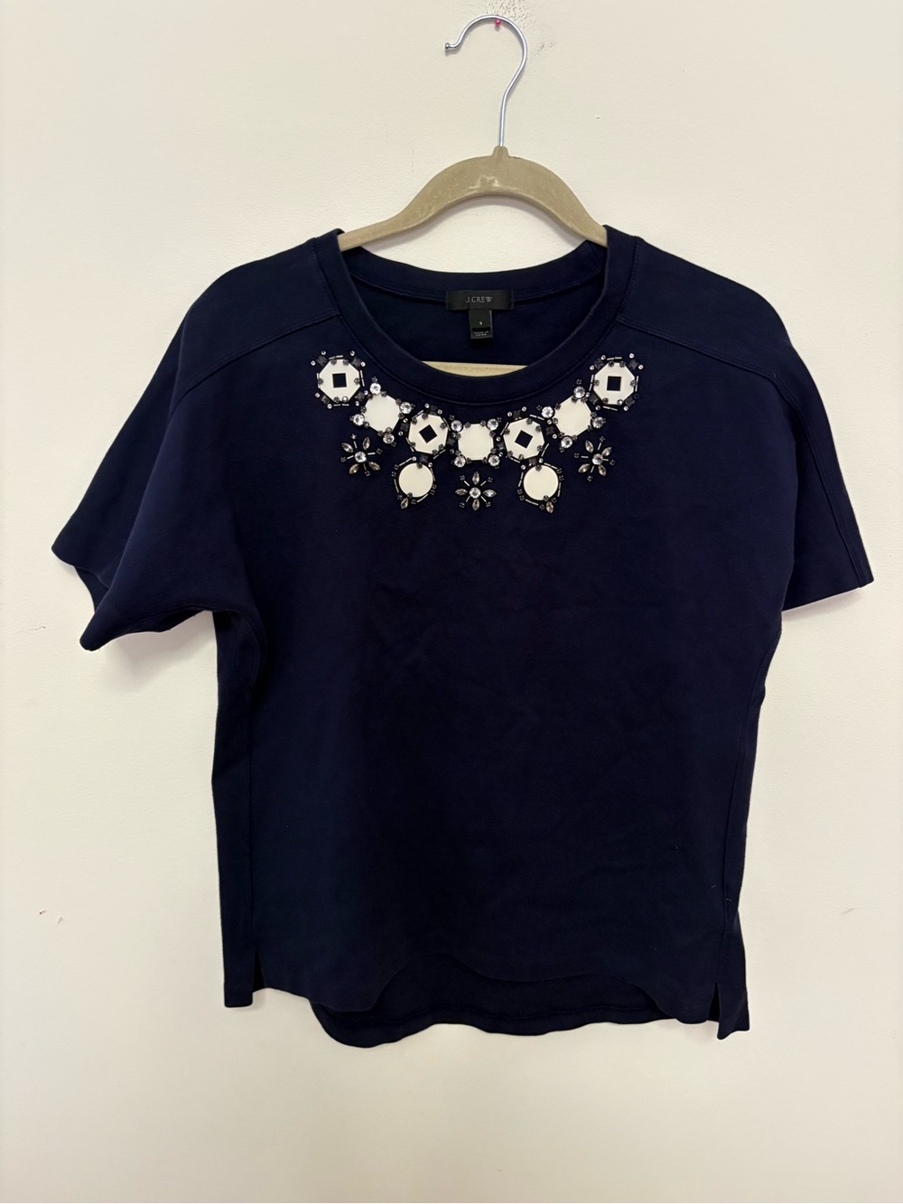 J. Crew Structured Embellished Necklace Crew Neck Tee in Navy S Preppy Chic